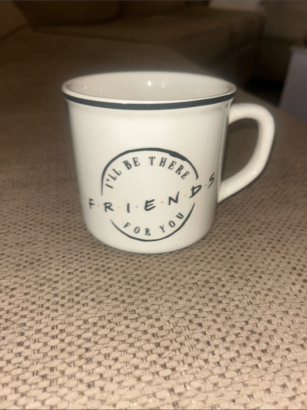 FRIENDS White Ceramic Mug with Subtle Navy Rim and Logo Dots